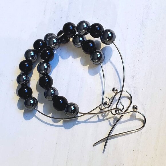 Hematite Stone Jet Black Glass Beads Teardrop Hoop Stainless Steel Earrings - Picture 1 of 10